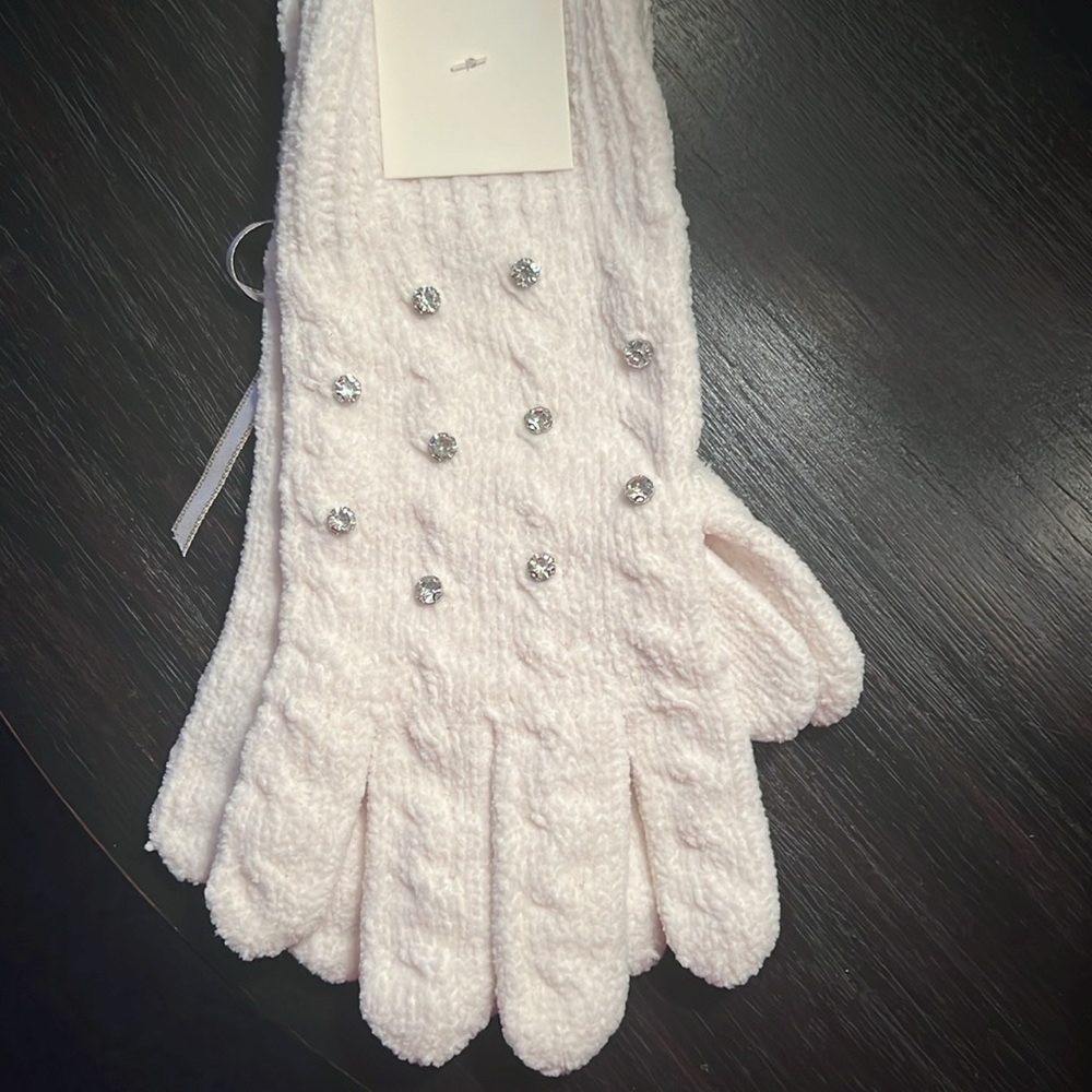 Cynthia Rowley Off White Rhinestone Embellished Sweater Knit Gloves
